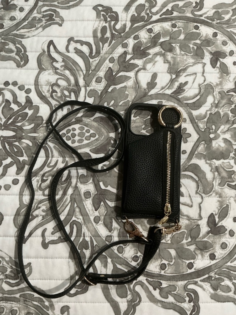 Black Leather Crossbody Phone Case with Zipper Pocket & Strap